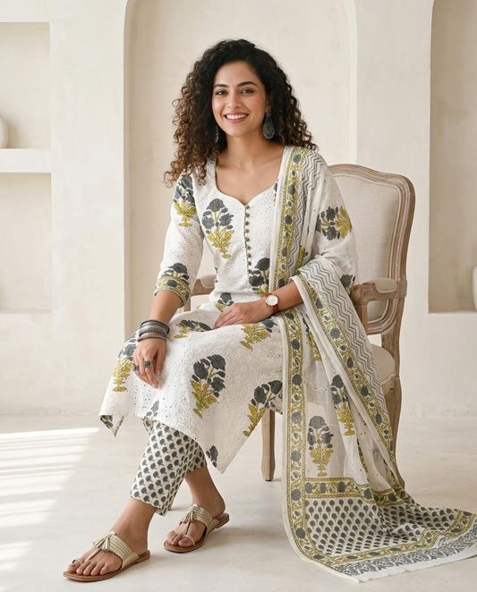 Premium Schiffli Embroidery Cotton Unstitched Suit Set – Hand-Block Floral Collection