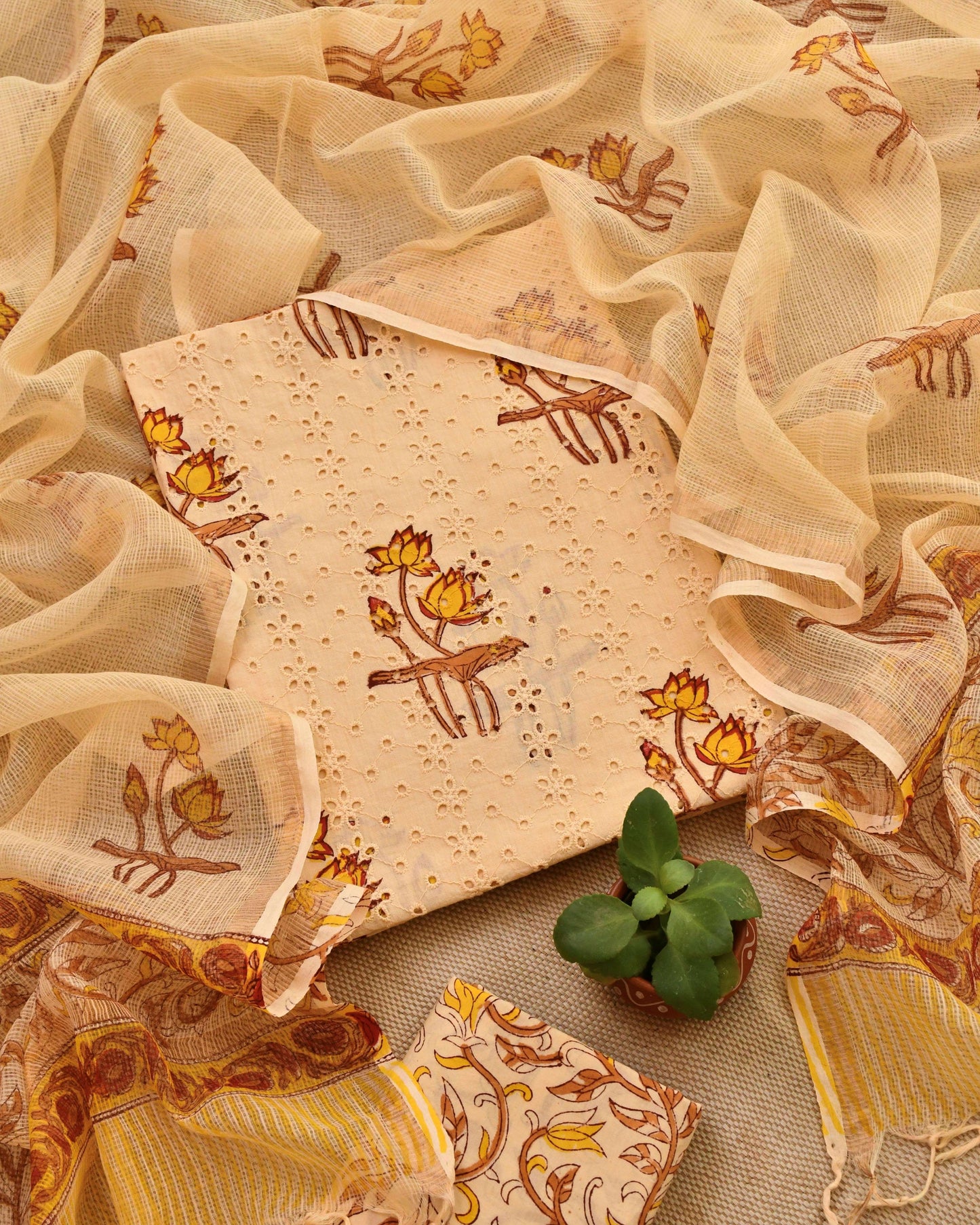 Premium Schiffli Embroidery Cotton Unstitched Suit Set – Hand-Block Floral Collection