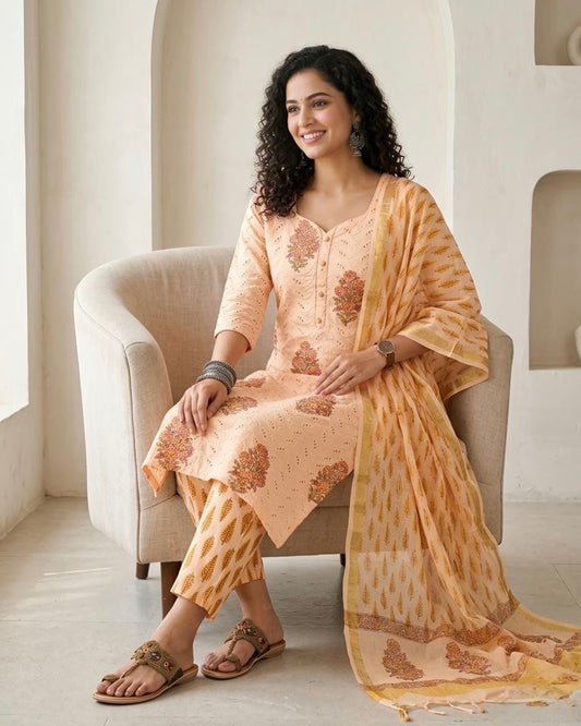 Premium Schiffli Embroidery Cotton Unstitched Suit Set – Hand-Block Floral Collection