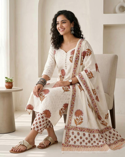 Premium Schiffli Embroidery Cotton Unstitched Suit Set – Hand-Block Floral Collection