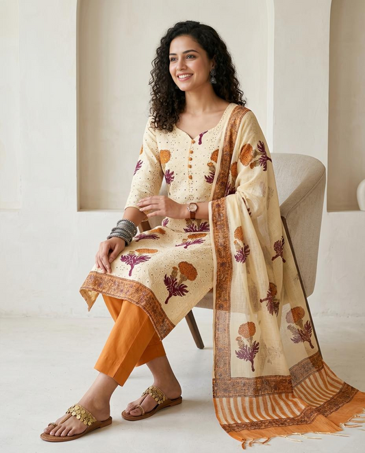 Premium Schiffli Embroidery Cotton Unstitched Suit Set – Hand-Block Floral Collection