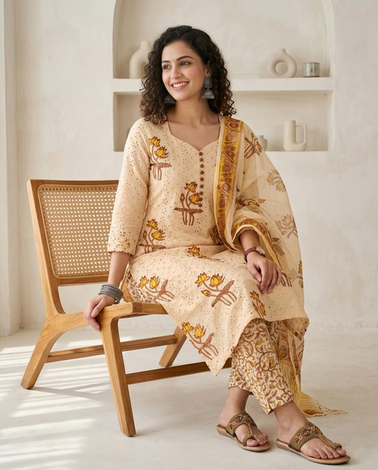 Premium Schiffli Embroidery Cotton Unstitched Suit Set – Hand-Block Floral Collection
