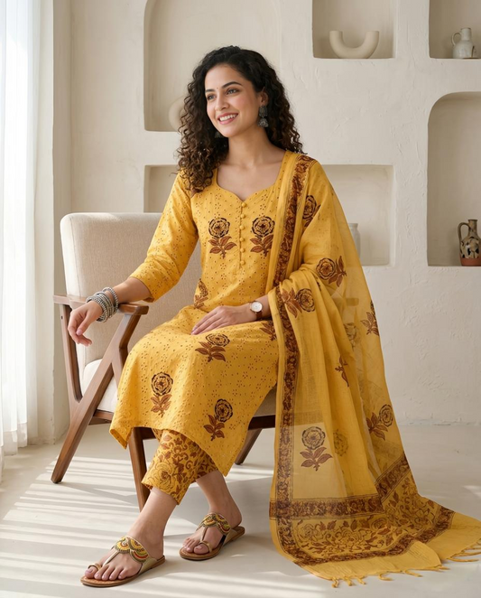 Premium Schiffli Embroidery Cotton Unstitched Suit Set – Hand-Block Floral Collection