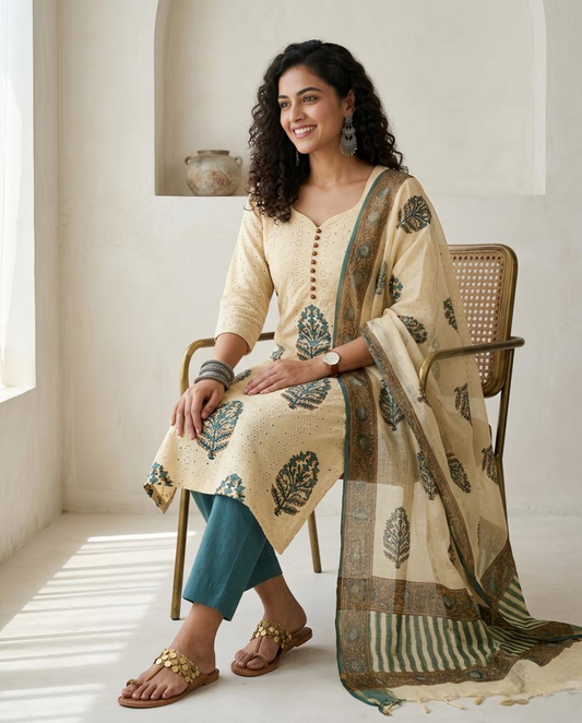 Premium Schiffli Embroidery Cotton Unstitched Suit Set – Hand-Block Floral Collection