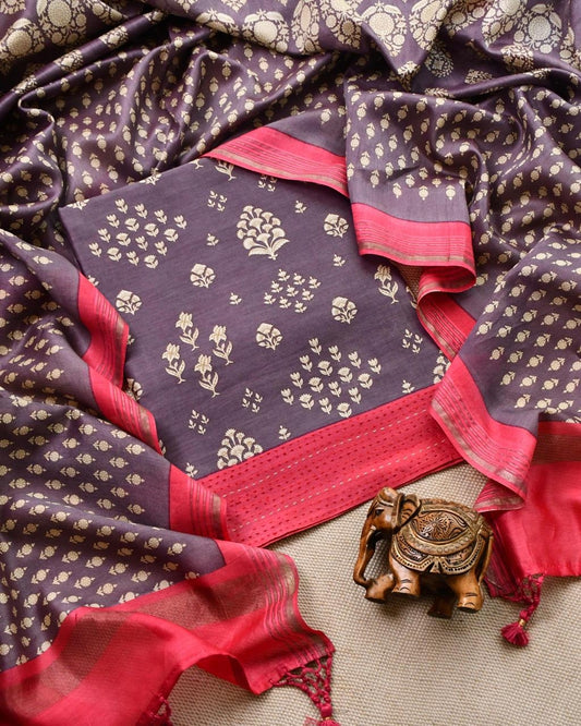 Dusty Mauve Maheshwari Silk Unstitched Suit with Kantha Work Embroidery
