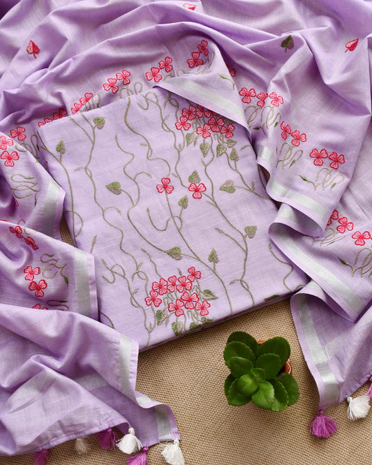 Cotton Linen Unstitched Suit with Floral Vine Embroidery