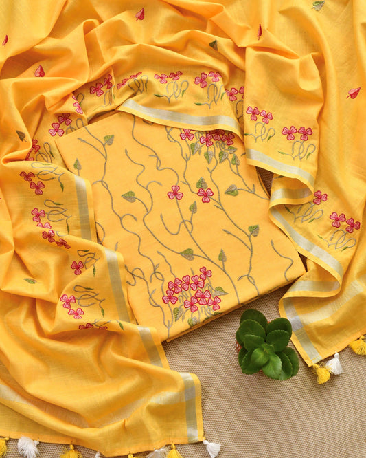 Cotton Linen Unstitched Suit with Floral Vine Embroidery