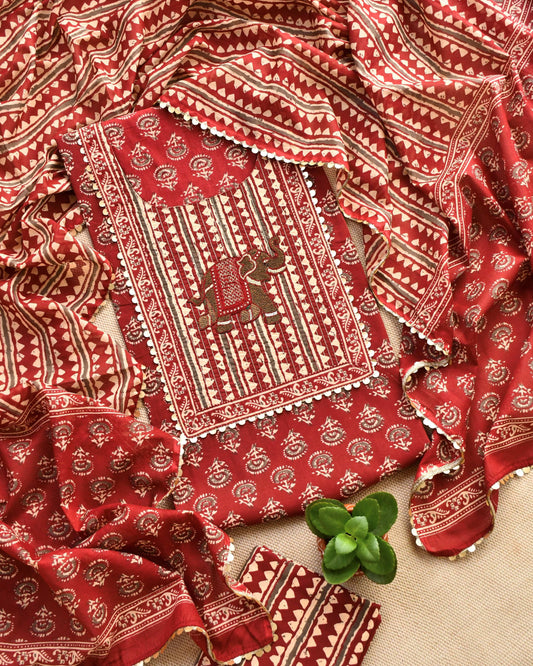 Hand-Block Printed Unstitched Cotton Suit Set with Elephant Embroidery