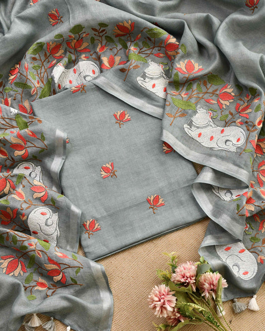 Pure Linen Unstitched Suit Set with Embroidered Pichwai Art