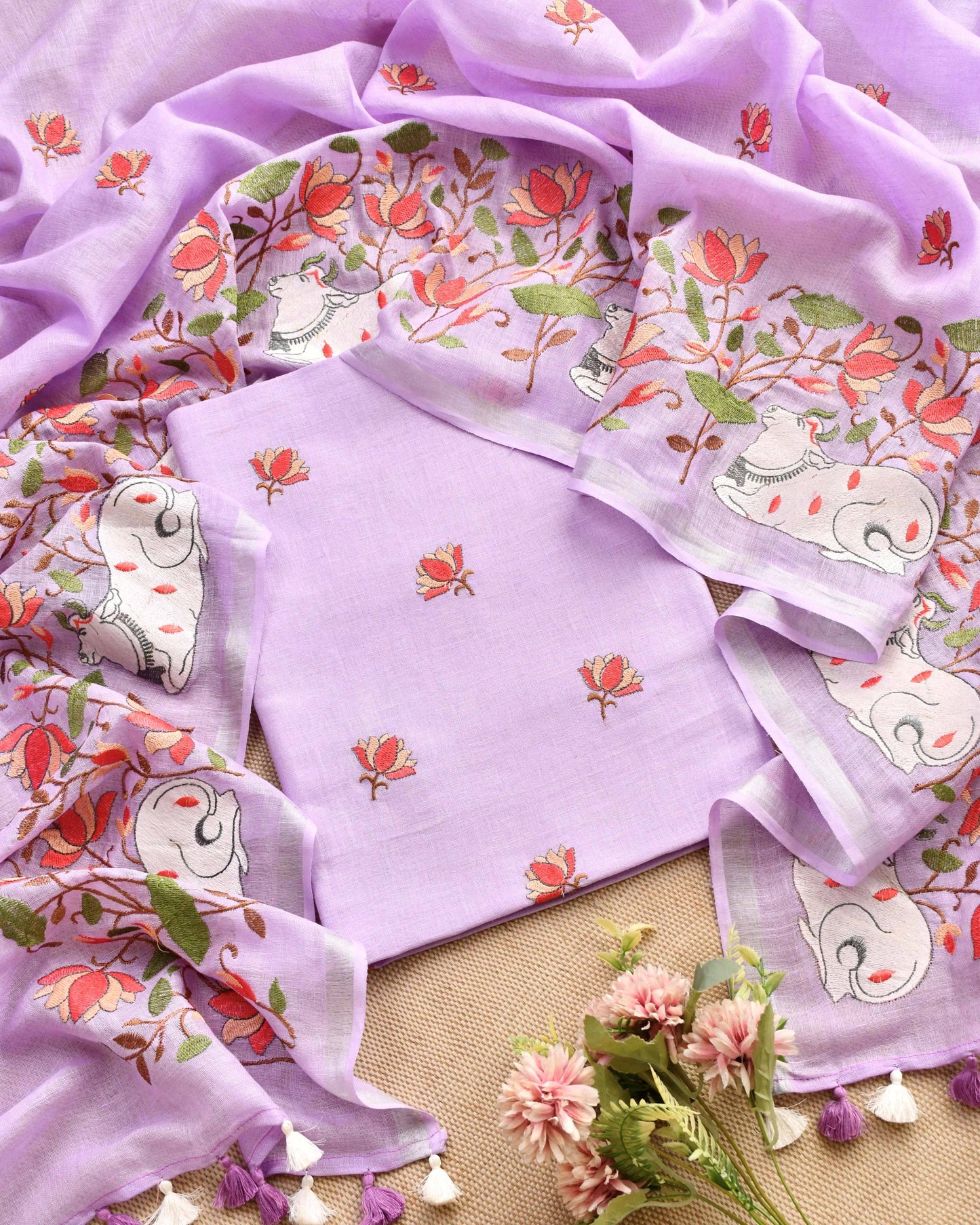 Pure Linen Unstitched Suit Set with Embroidered Pichwai Art