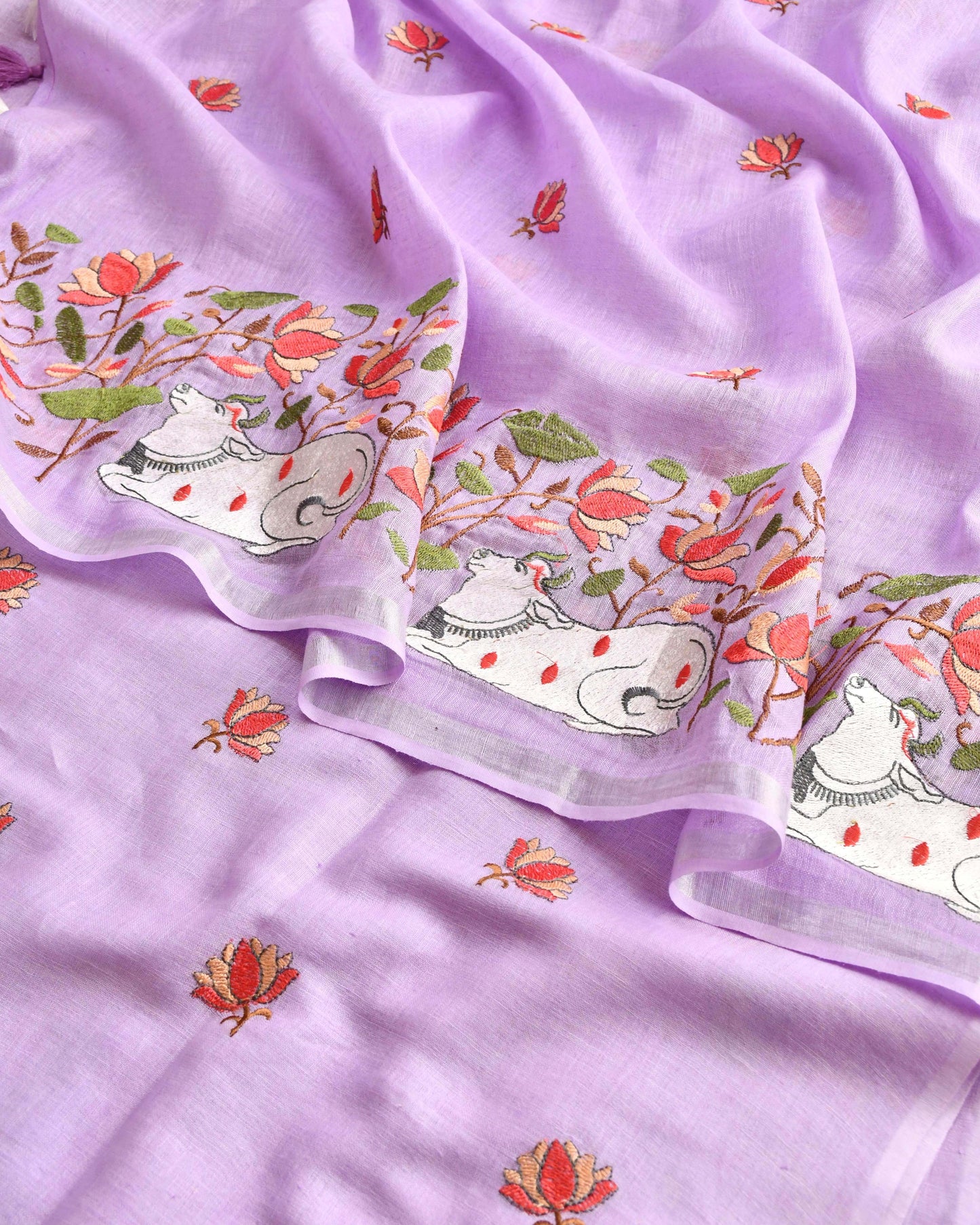 Pure Linen Unstitched Suit Set with Embroidered Pichwai Art