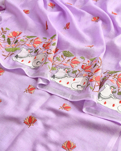 Pure Linen Unstitched Suit Set with Embroidered Pichwai Art