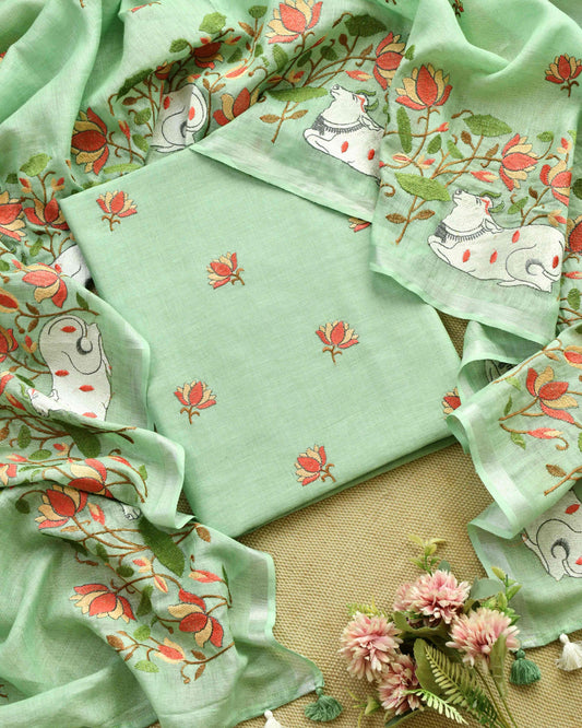 Pure Linen Unstitched Suit Set with Embroidered Pichwai Art