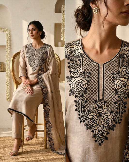 Pure Tissue Silk Cutwork Applique Embroidered Unstitched Suit Set with Organza Dupatta