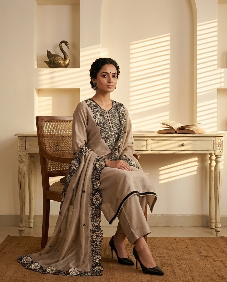 Pure Tissue Silk Cutwork Applique Embroidered Unstitched Suit Set with Organza Dupatta