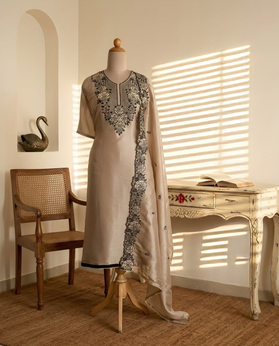 Pure Tissue Silk Cutwork Applique Embroidered Unstitched Suit Set with Organza Dupatta