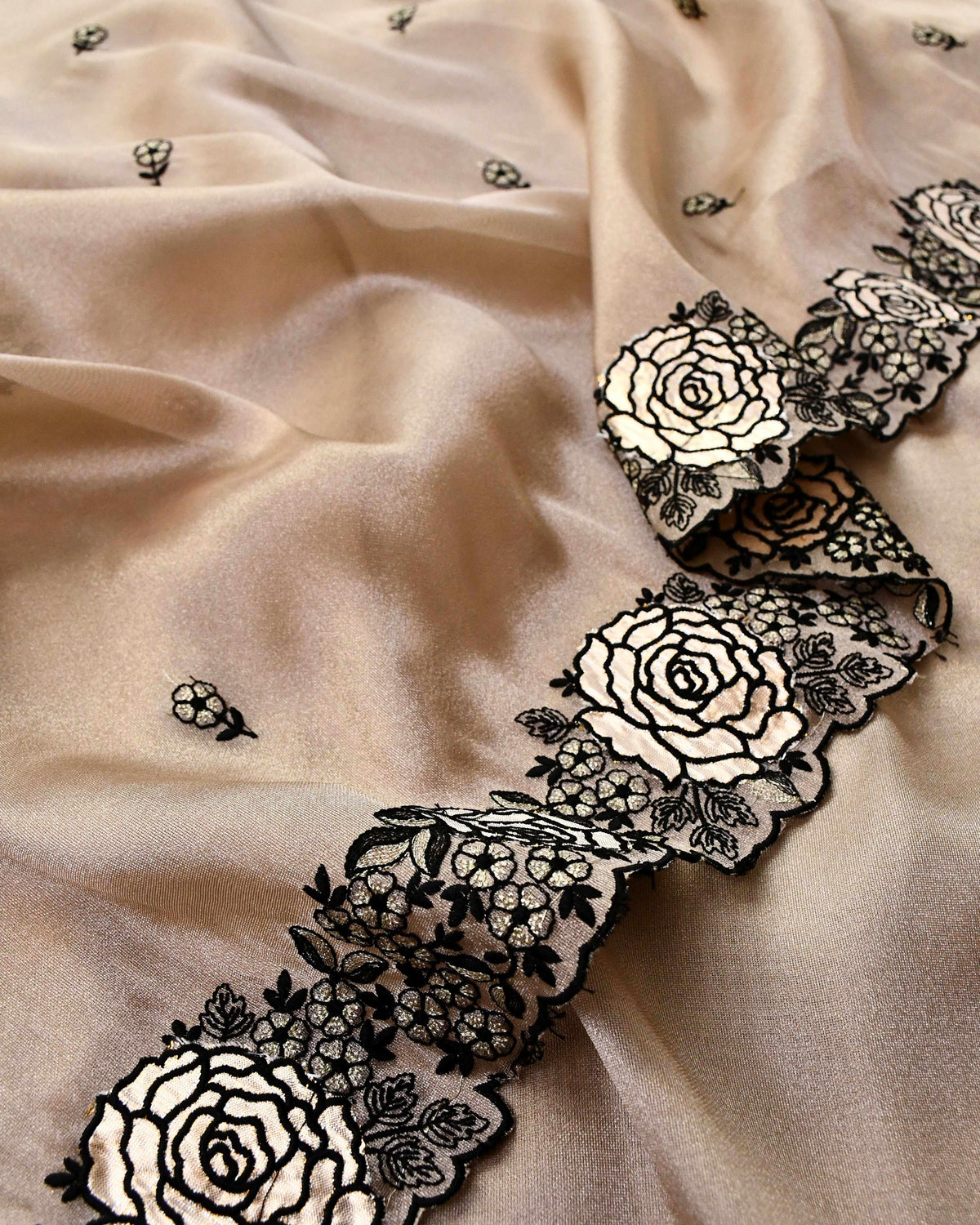 Pure Tissue Silk Cutwork Applique Embroidered Unstitched Suit Set with Organza Dupatta