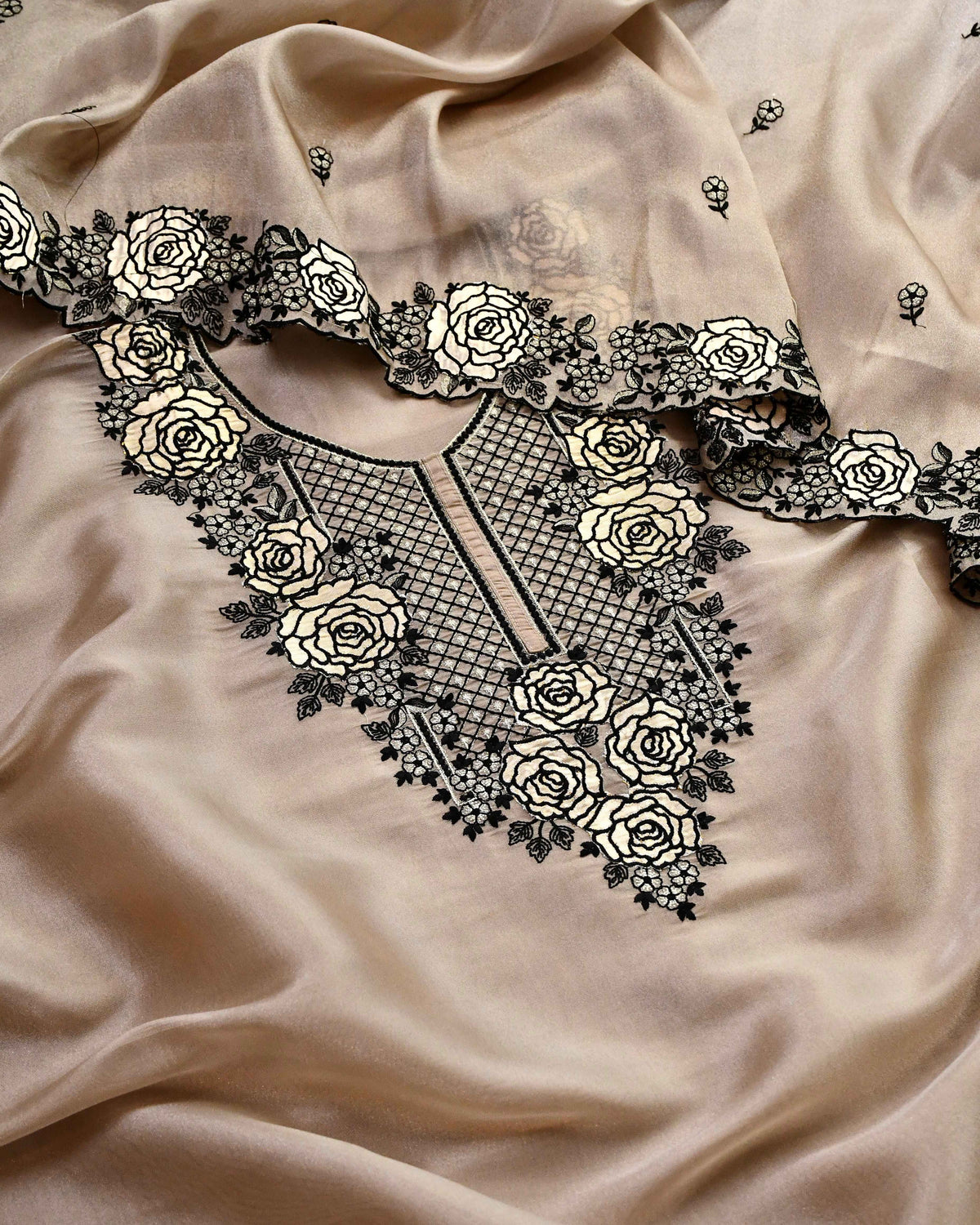 Pure Tissue Silk Cutwork Applique Embroidered Unstitched Suit Set with Organza Dupatta