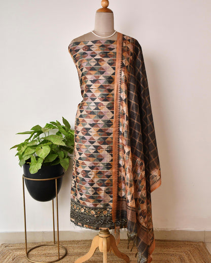 Unstitched Tussar Silk Suit Set with Hand embroidery