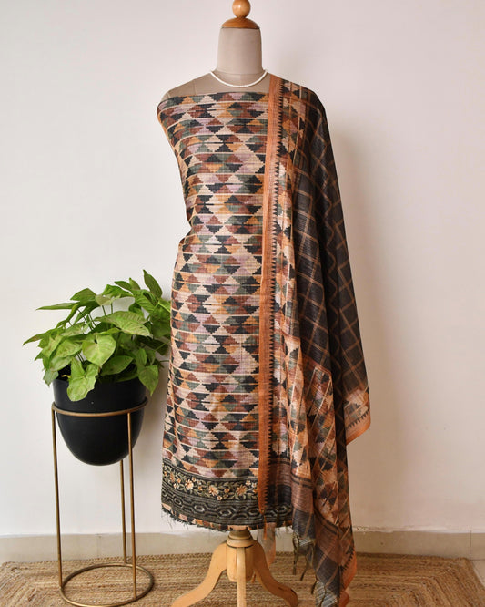 Unstitched Tussar Silk Suit Set with Hand embroidery