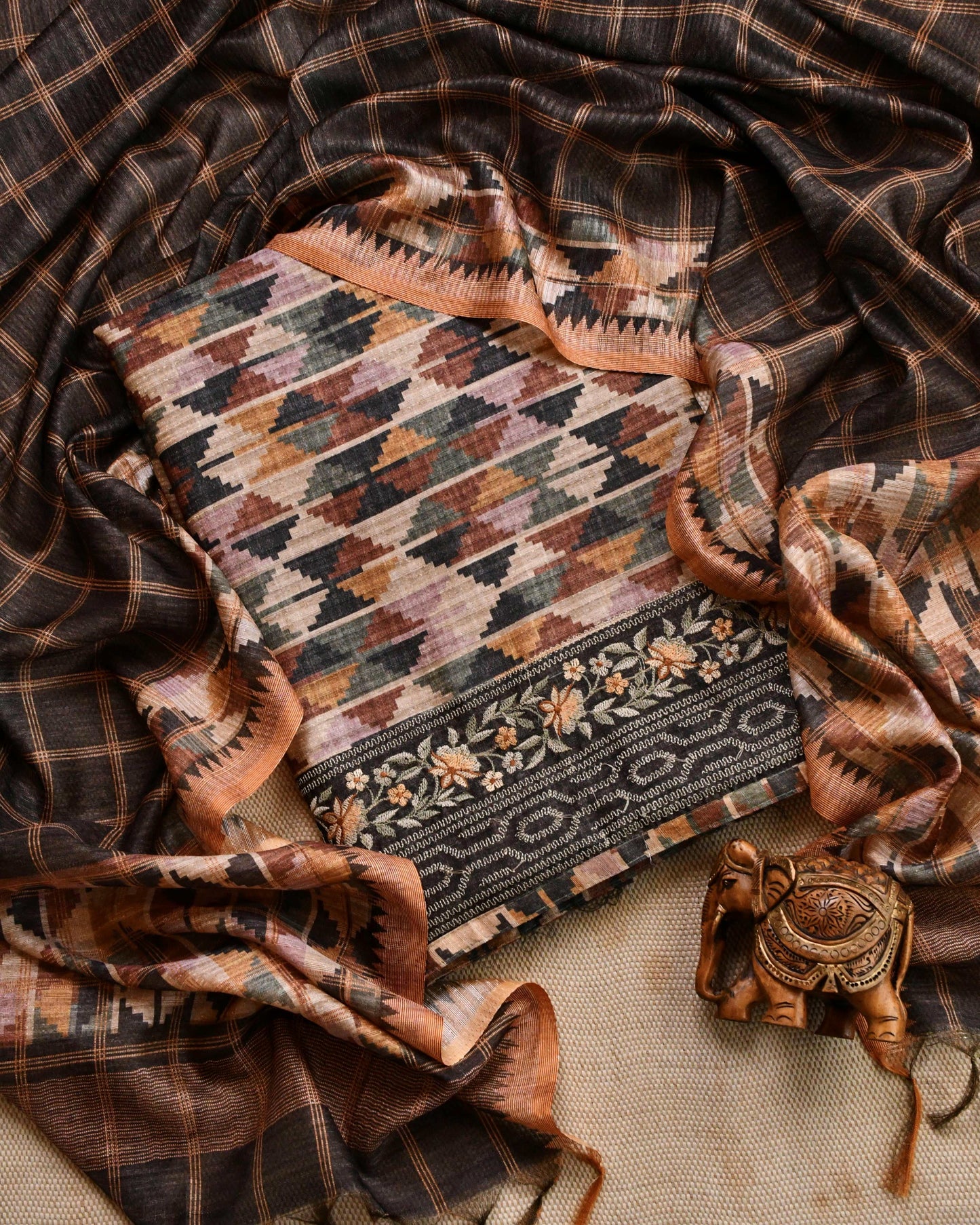 Unstitched Tussar Silk Suit Set with Hand embroidery