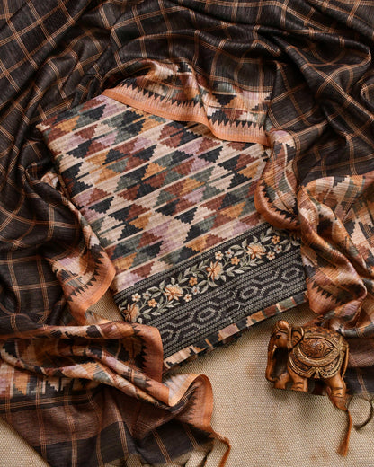 Unstitched Tussar Silk Suit Set with Hand embroidery