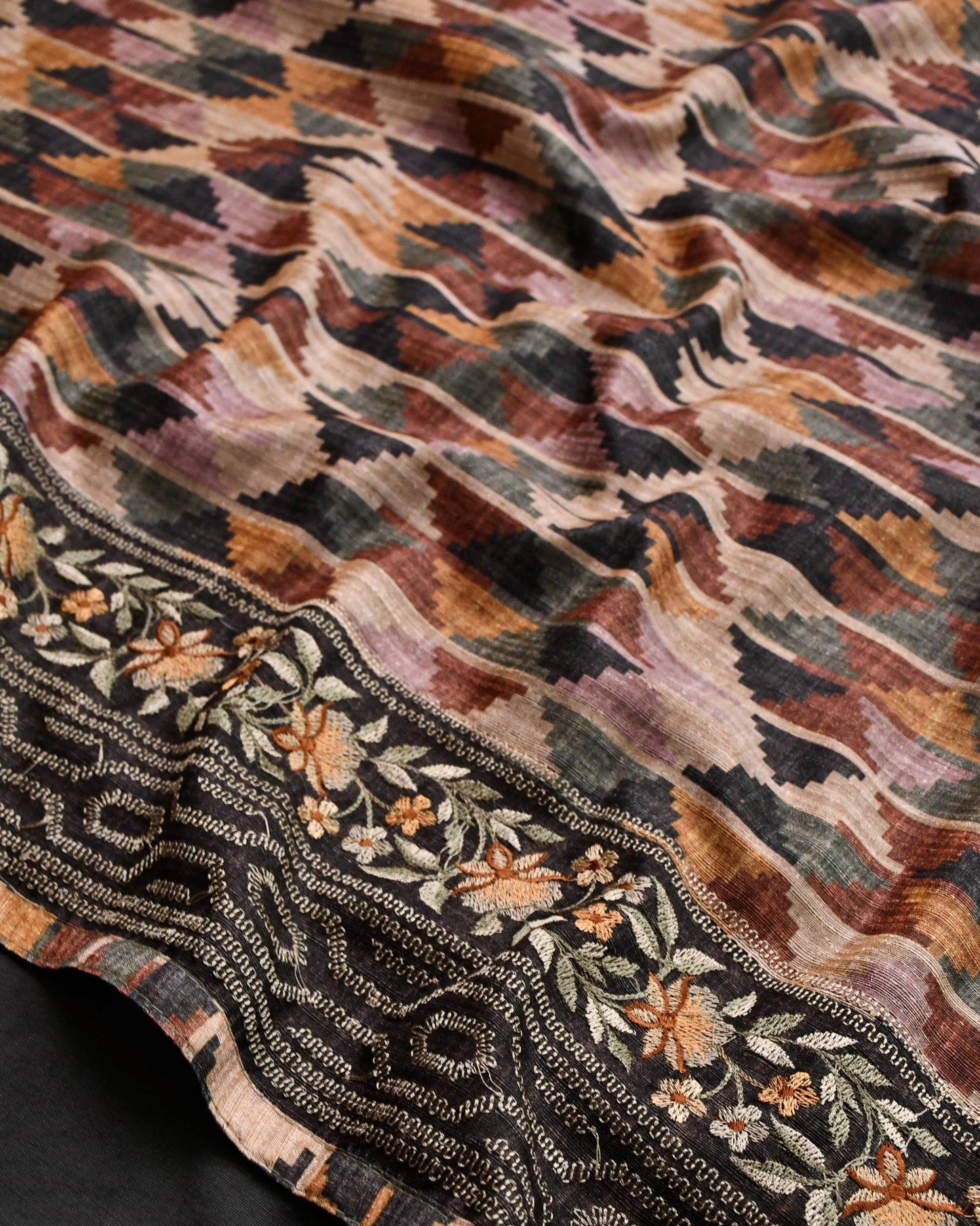 Unstitched Tussar Silk Suit Set with Hand embroidery