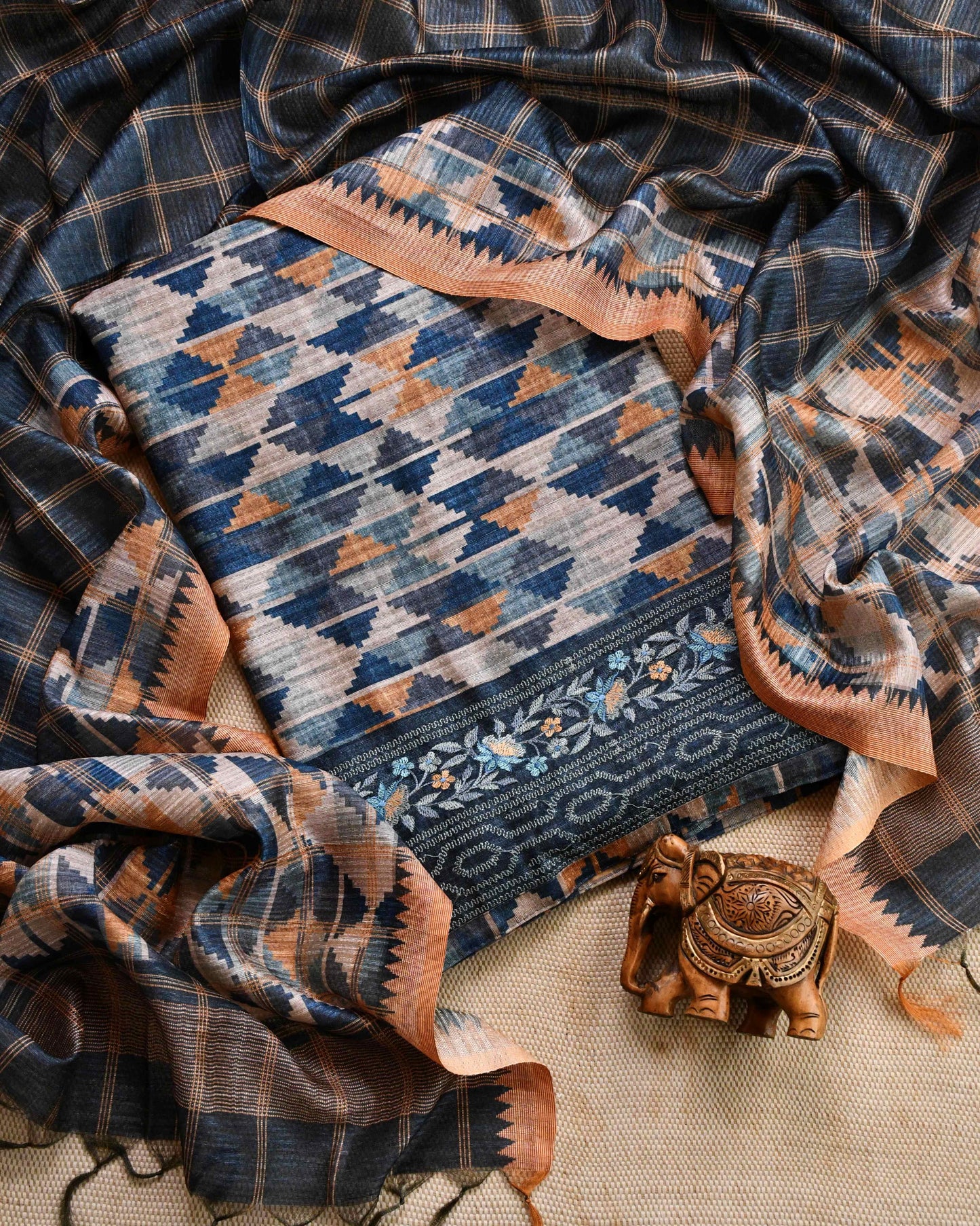 Unstitched Tussar Silk Suit Set with Hand embroidery