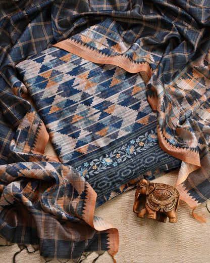 Unstitched Tussar Silk Suit Set with Hand embroidery