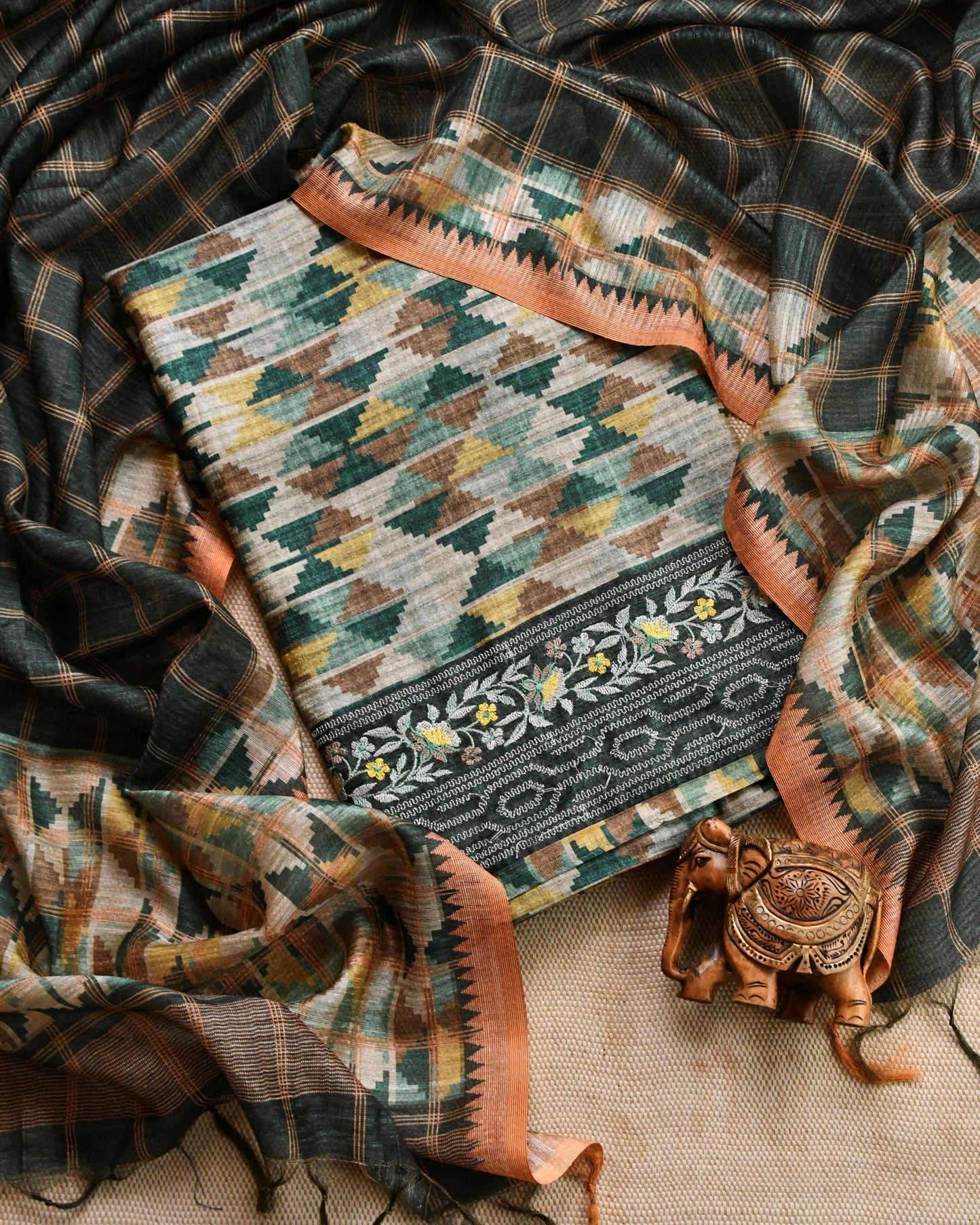 Unstitched Tussar Silk Suit Set with Hand embroidery