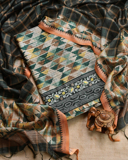 Unstitched Tussar Silk Suit Set with Hand embroidery