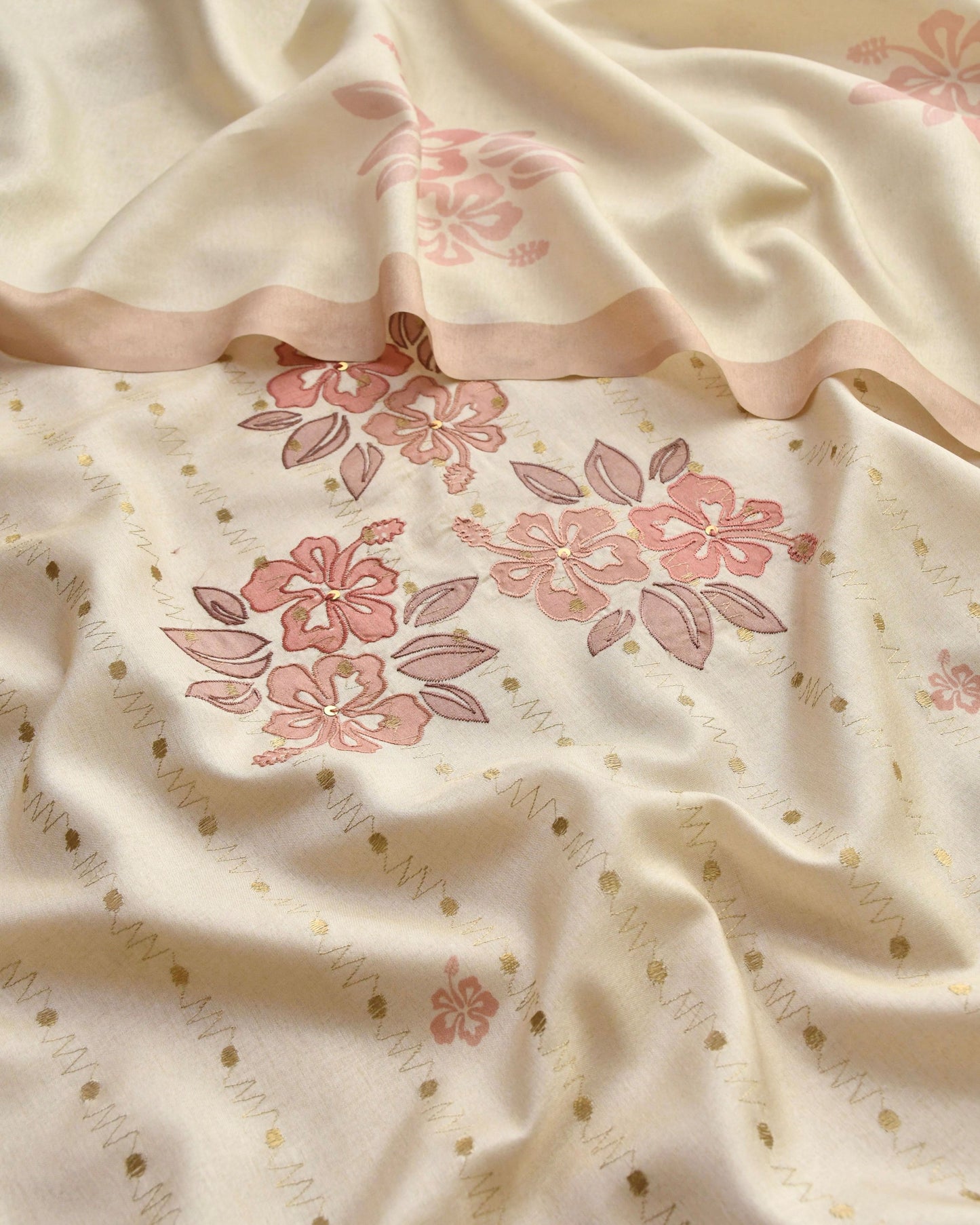 Chanderi Silk Unstitched Suit Set with Floral Appliqu & Zari Work Detailing