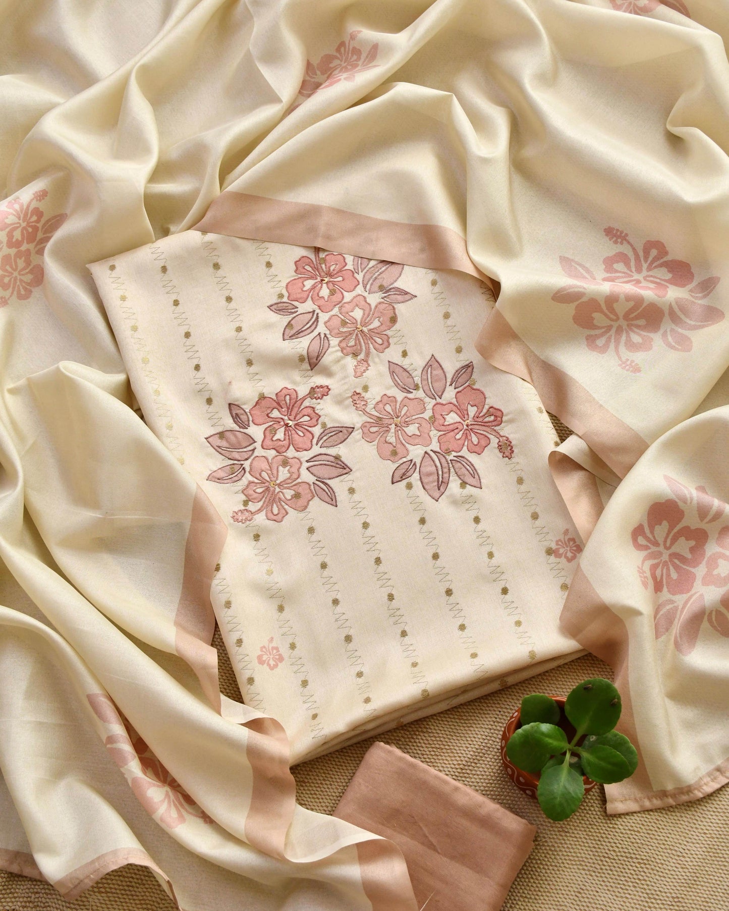 Chanderi Silk Unstitched Suit Set with Floral Appliqu & Zari Work Detailing