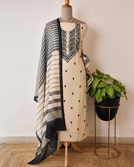 Cream & Black Mull Chanderi Unstitched Suit Set – Self Weaving & Embroidery