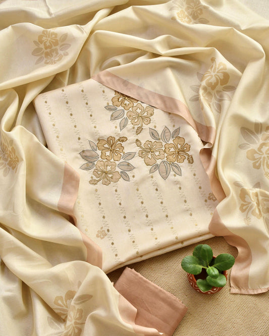 Chanderi Silk Unstitched Suit Set with Floral Appliqu & Zari Work Detailing