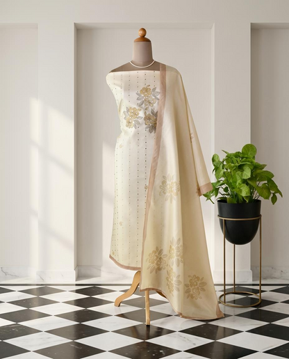 Chanderi Silk Unstitched Suit Set with Floral Appliqu & Zari Work Detailing