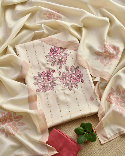 Chanderi Silk Unstitched Suit Set with Floral Embroidery Applique & Zari Detailing