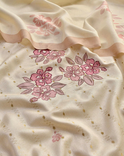 Chanderi Silk Unstitched Suit Set with Floral Embroidery Applique & Zari Detailing
