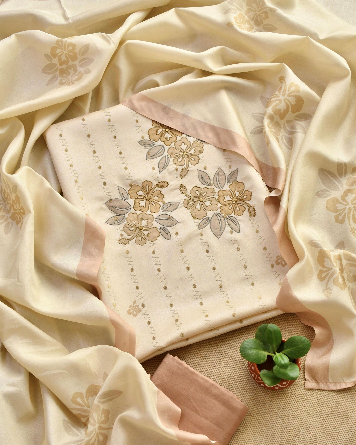 Chanderi Silk Unstitched Suit Set with Floral Appliqu & Zari Work Detailing