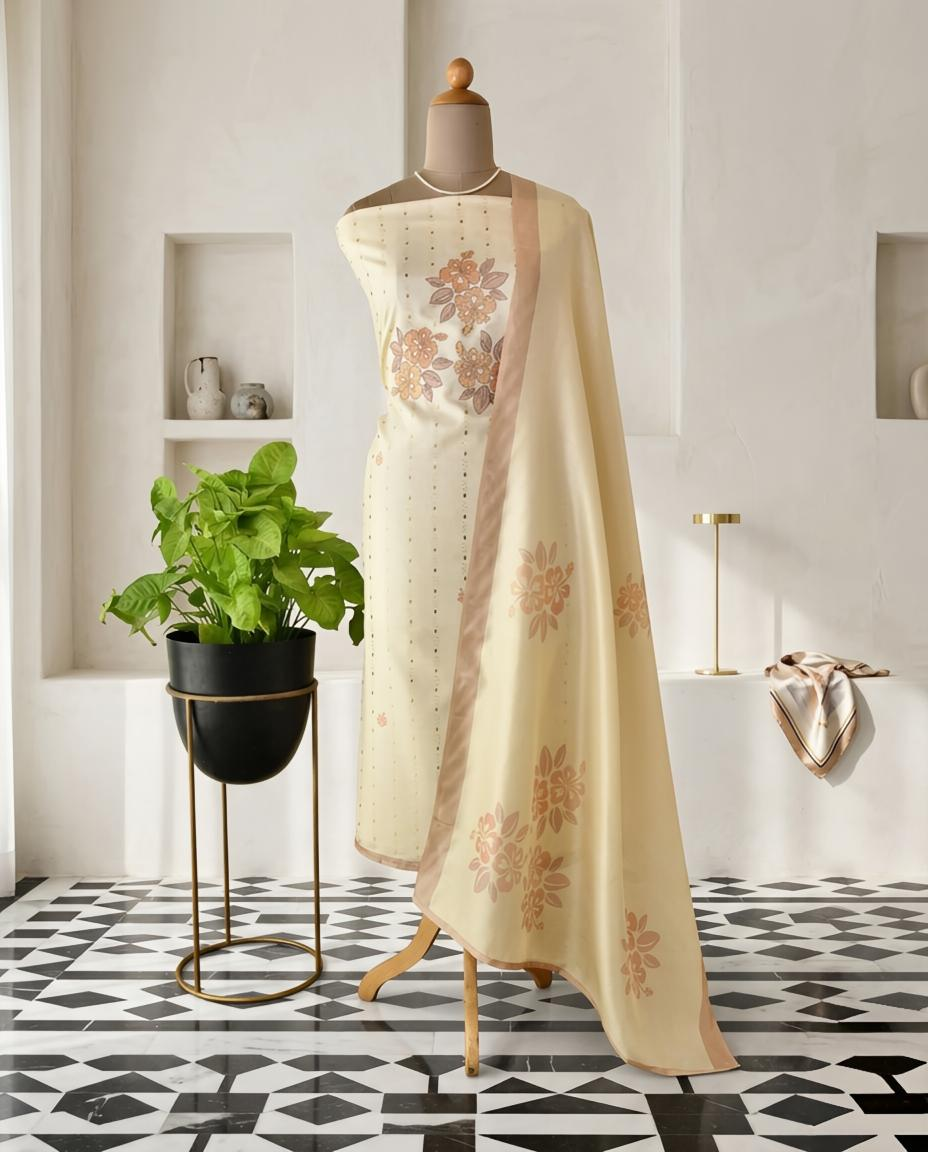 Chanderi Silk Unstitched Suit Set with Floral Appliqu & Zari Work Detailing