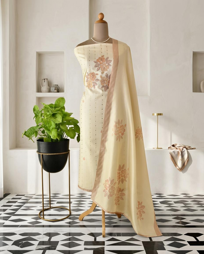 Chanderi Silk Unstitched Suit Set with Floral Appliqu & Zari Work Detailing