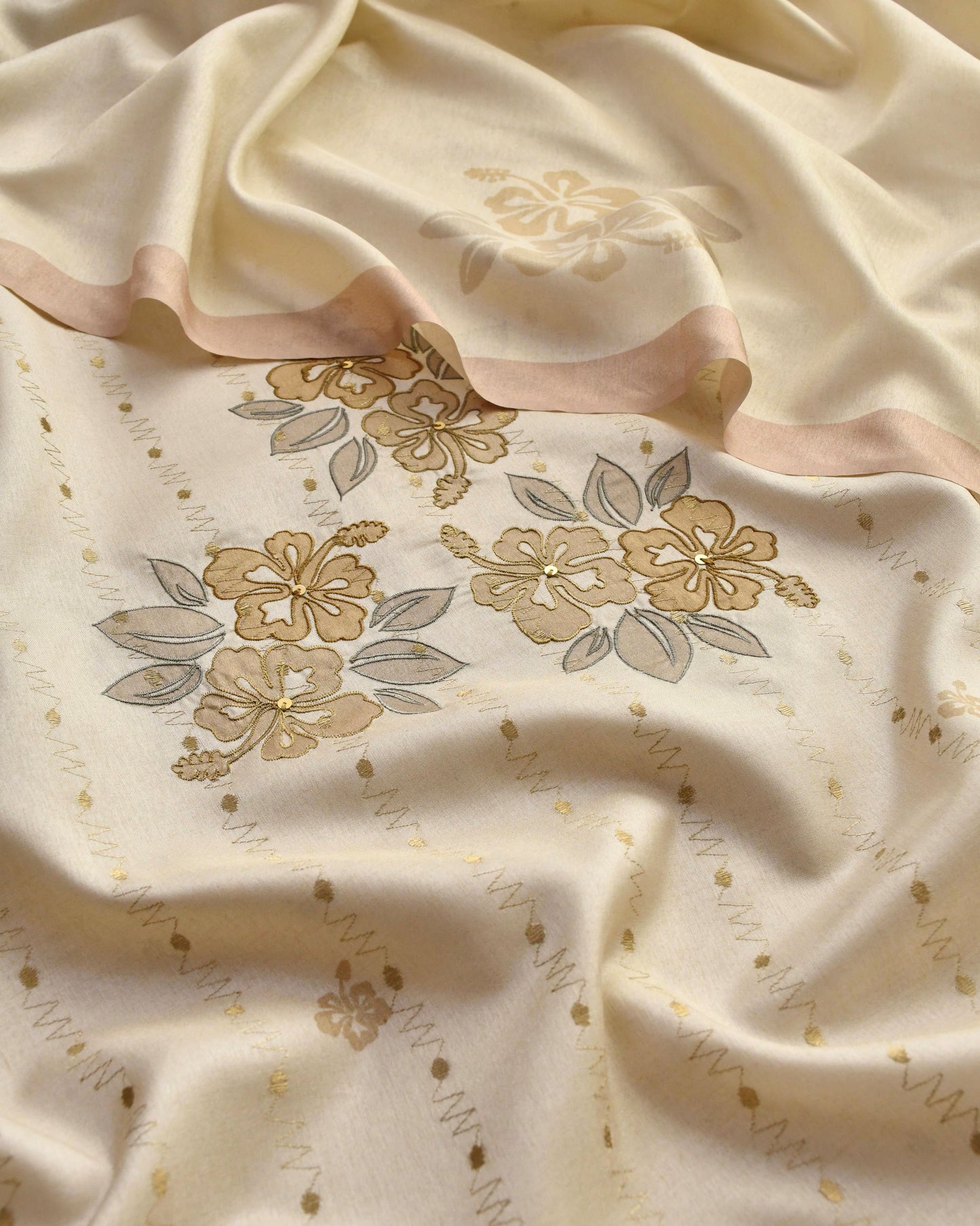 Chanderi Silk Unstitched Suit Set with Floral Appliqu & Zari Work Detailing