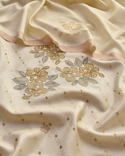 Chanderi Silk Unstitched Suit Set with Floral Appliqu & Zari Work Detailing