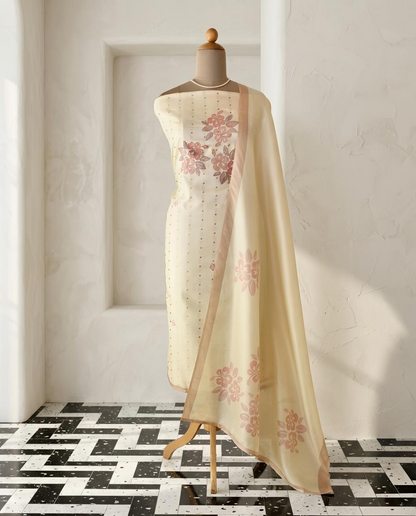 Chanderi Silk Unstitched Suit Set with Floral Appliqu & Zari Work Detailing