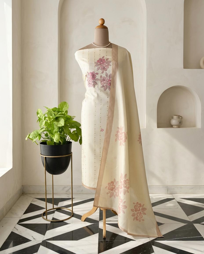 Chanderi Silk Unstitched Suit Set with Floral Embroidery Applique & Zari Detailing
