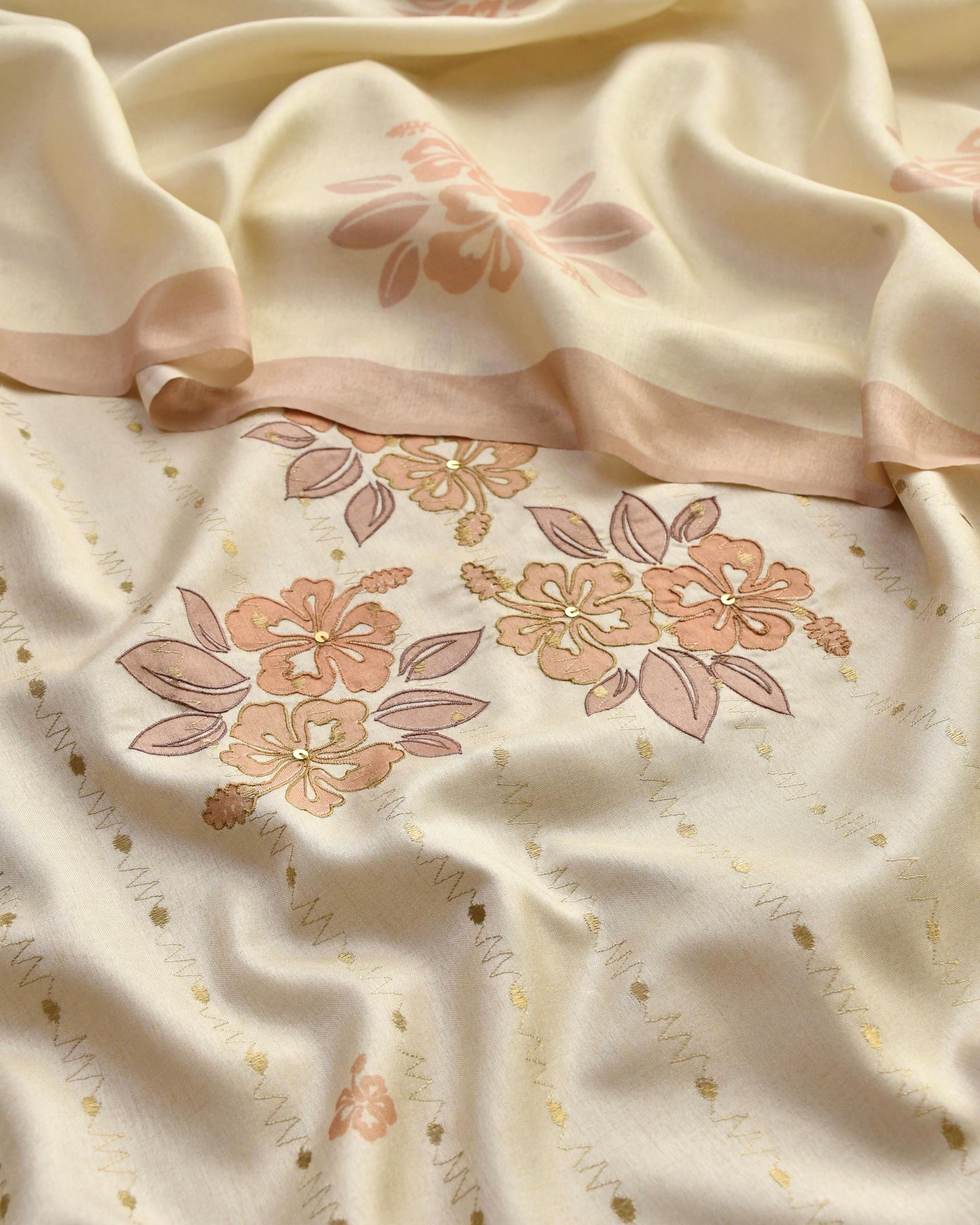 Chanderi Silk Unstitched Suit Set with Floral Appliqu & Zari Work Detailing