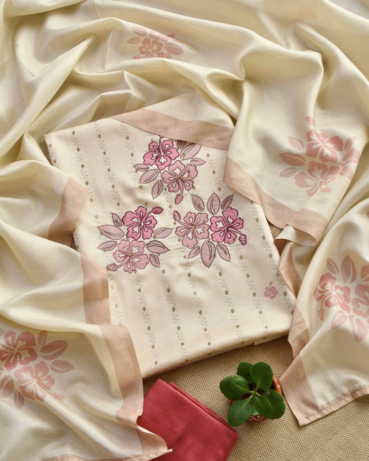 Chanderi Silk Unstitched Suit Set with Floral Embroidery Applique & Zari Detailing