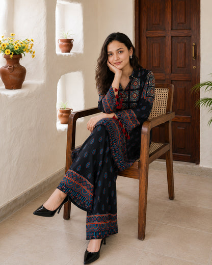 Black Modal Silk Ajrakh Print 2-Piece Co-Ord Set