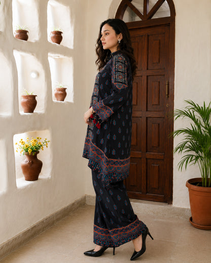 Black Modal Silk Ajrakh Print 2-Piece Co-Ord Set