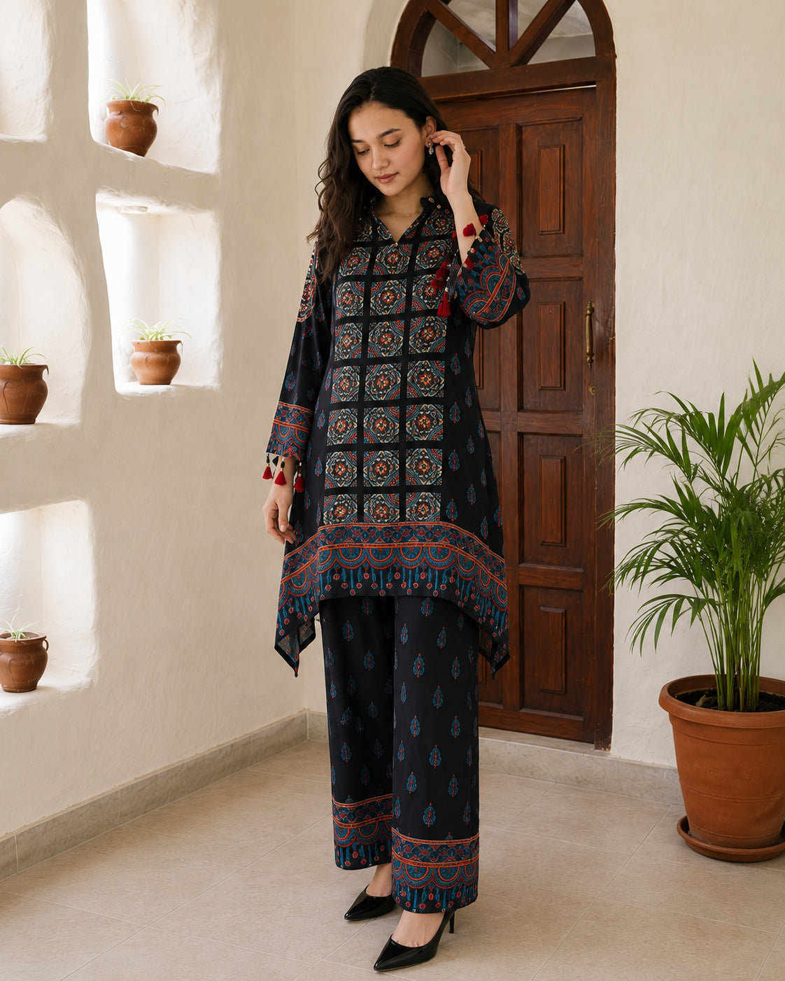 Black Modal Silk Ajrakh Print 2-Piece Co-Ord Set